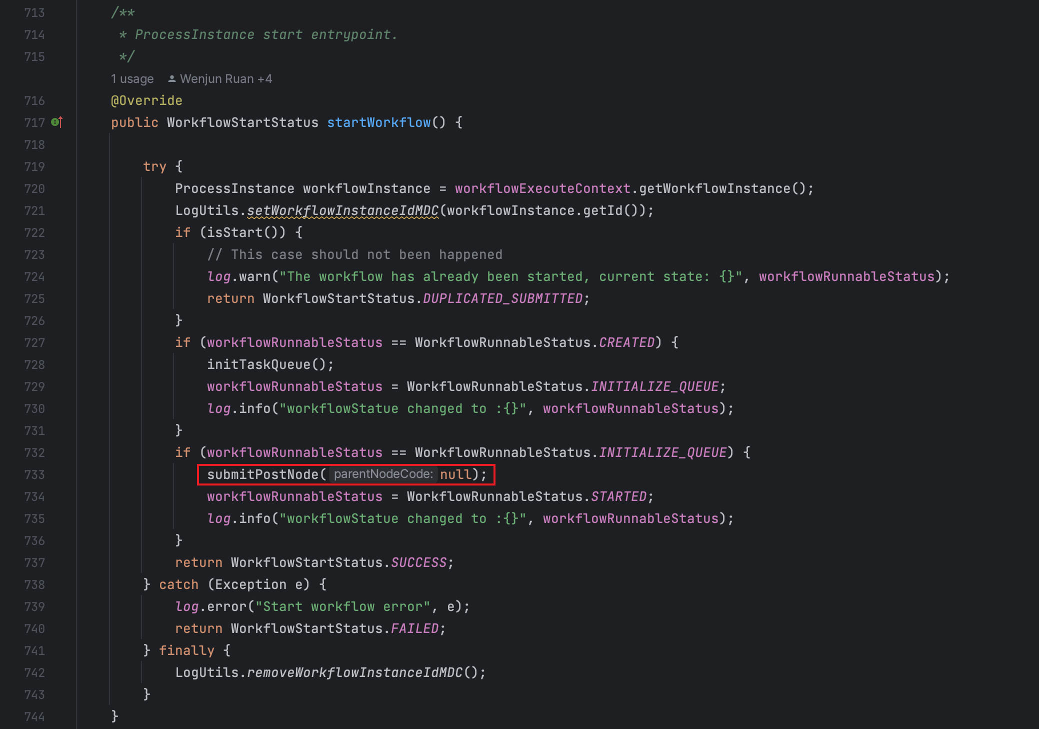 开始执行工作流节点入口 org.apache.dolphinscheduler.server.master.runner.WorkflowExecuteRunnable#startWorkflow:733
