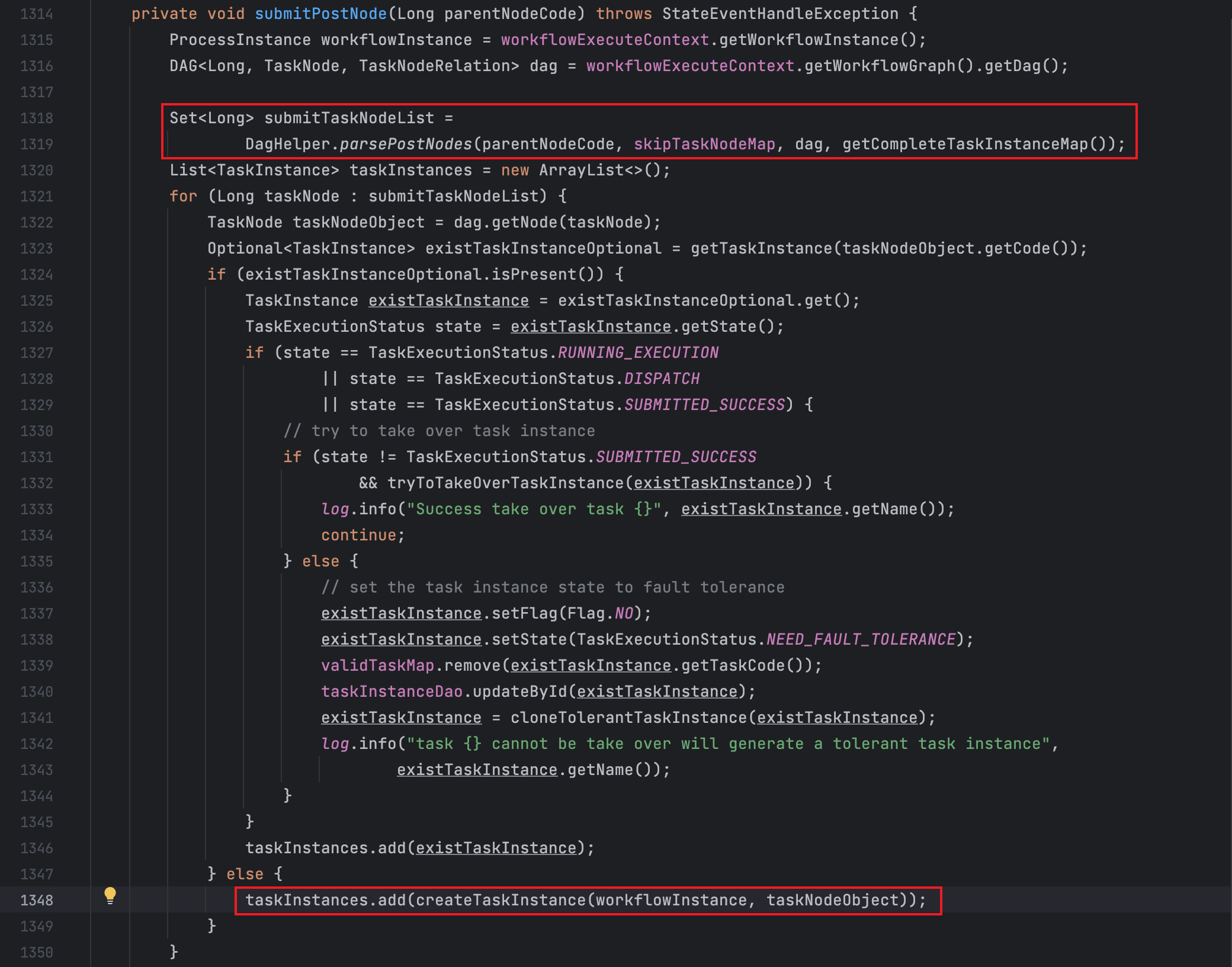 获取待执行的TaskNode,创建TaskInstance实例 org.apache.dolphinscheduler.server.master.runner.WorkflowExecuteRunnable#submitPostNode:1348