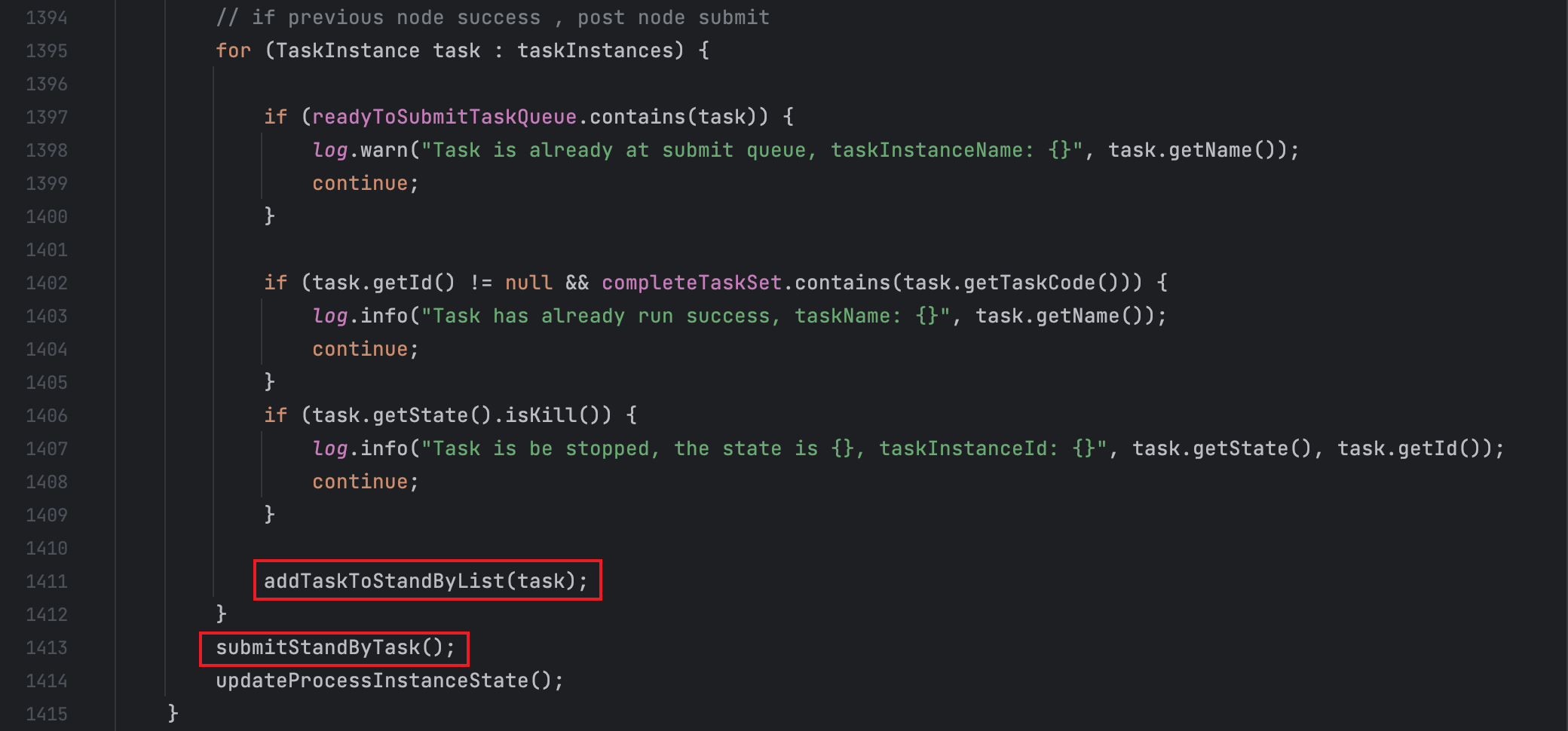 开始执行任务 org.apache.dolphinscheduler.server.master.runner.WorkflowExecuteRunnable#submitPostNode:1413