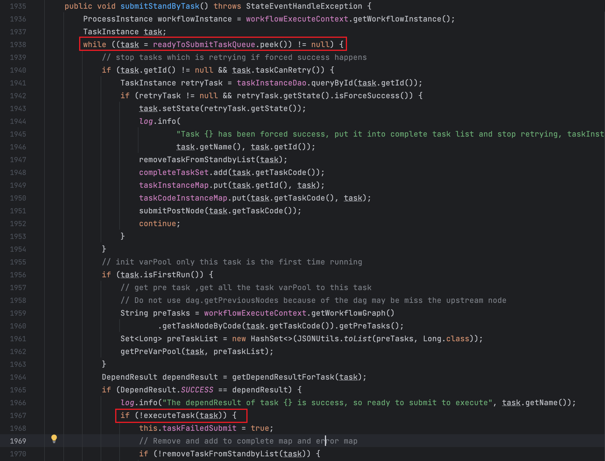 开始提交任务 org.apache.dolphinscheduler.server.master.runner.WorkflowExecuteRunnable#submitPostNode:1967