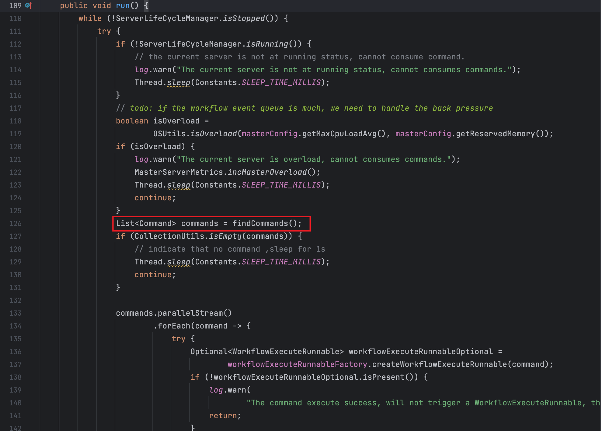 找到待处理事件 org.apache.dolphinscheduler.server.master.runner.MasterSchedulerBootstrap#run:126