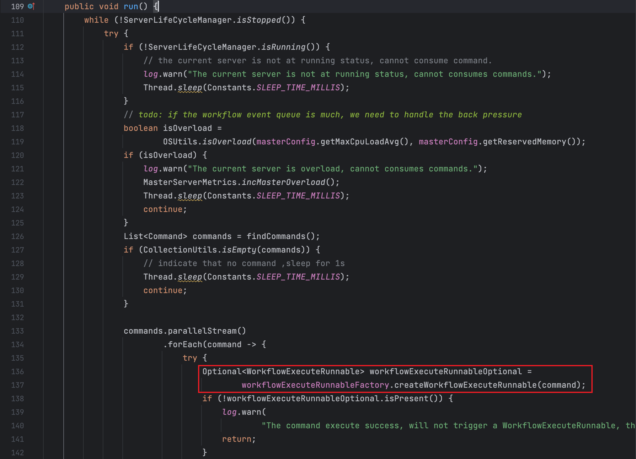 处理事件,创建工作流 org.apache.dolphinscheduler.server.master.runner.MasterSchedulerBootstrap#run:137